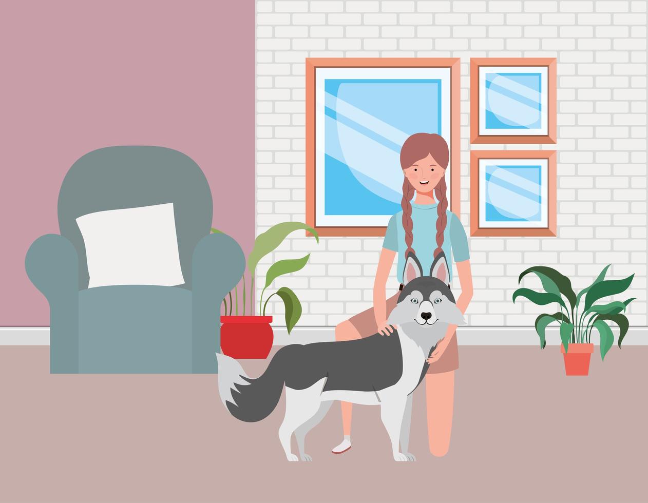 mujer joven, con, lindo, perro, en, el, habitación de la casa vector