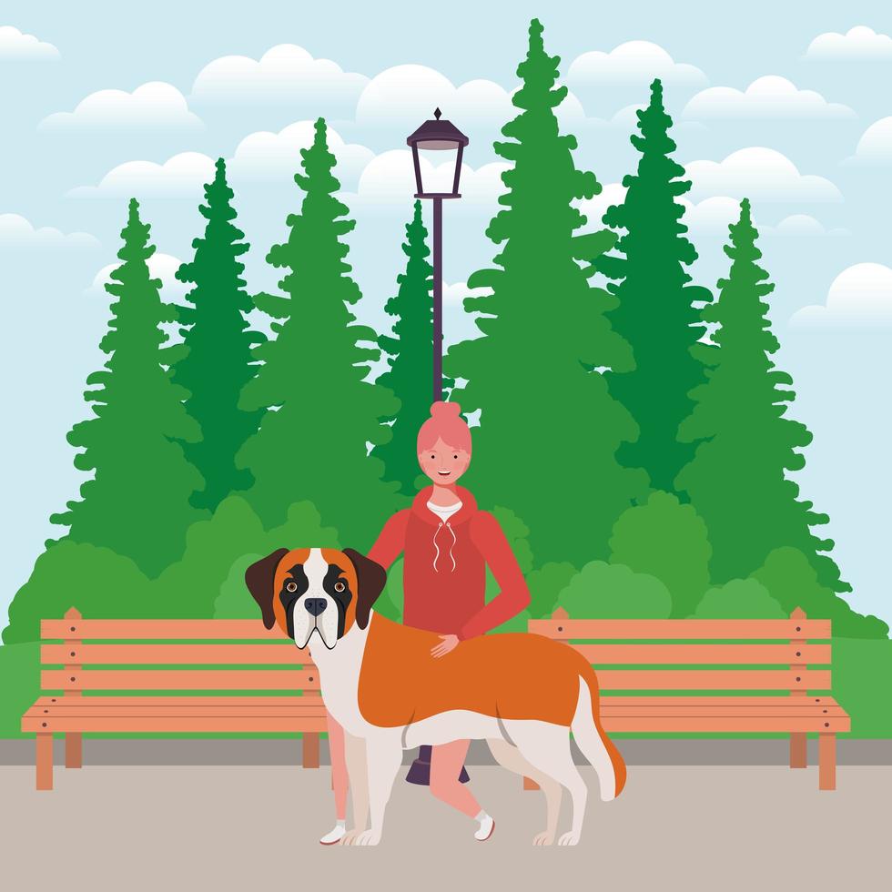 young woman with cute dog mascot in the park vector