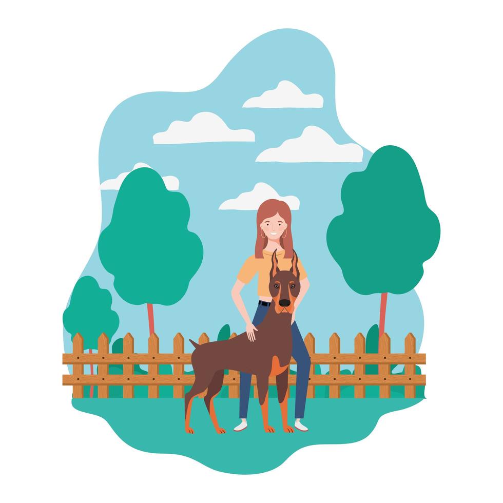 young woman with cute dog in the field vector