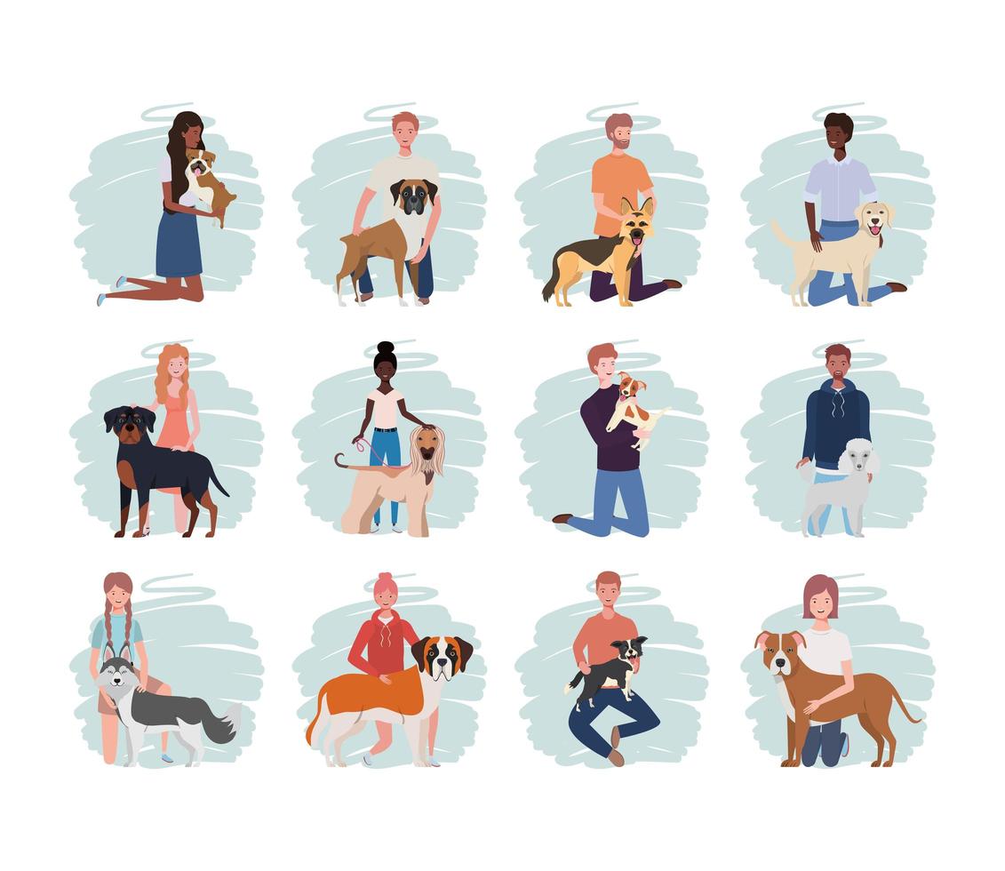 young people with cute dogs mascots characters vector