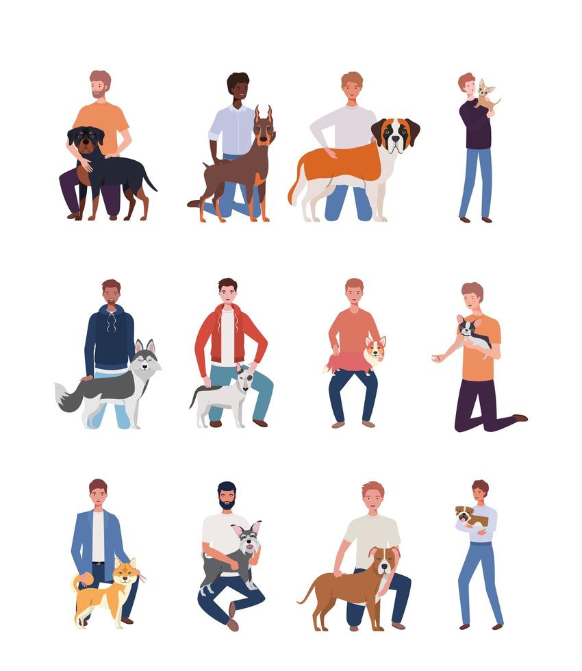 hombres jóvenes con personajes de mascotas perros lindos vector
