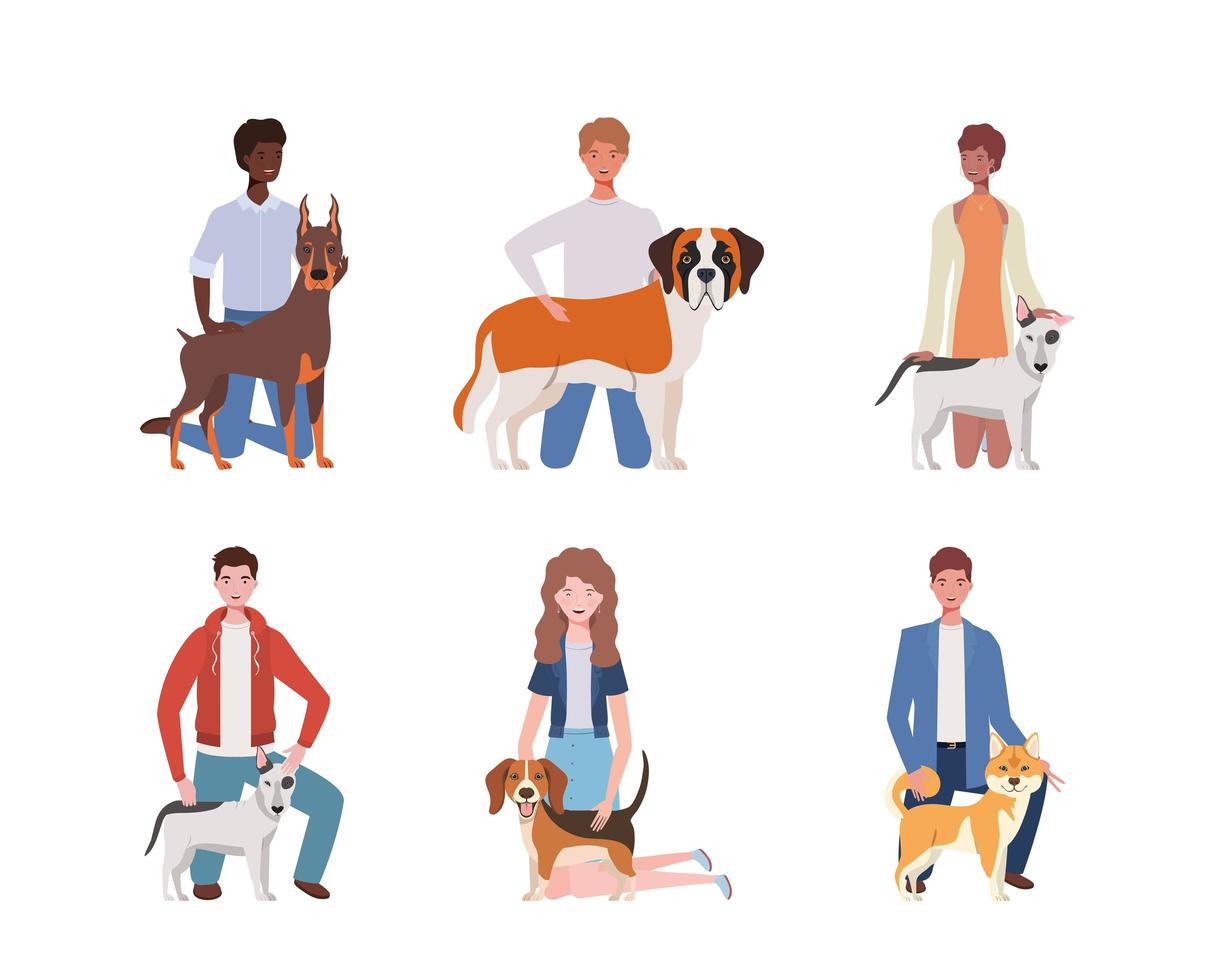 jóvenes con personajes de mascotas perros lindos vector