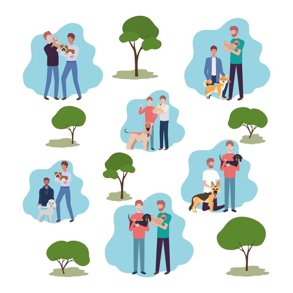 young men with cute dogs mascots and trees vector