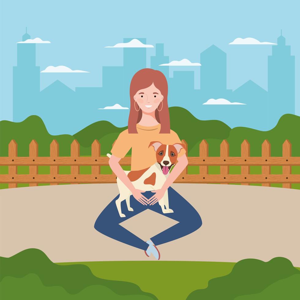 mujer joven, con, lindo, perro, en el campo vector