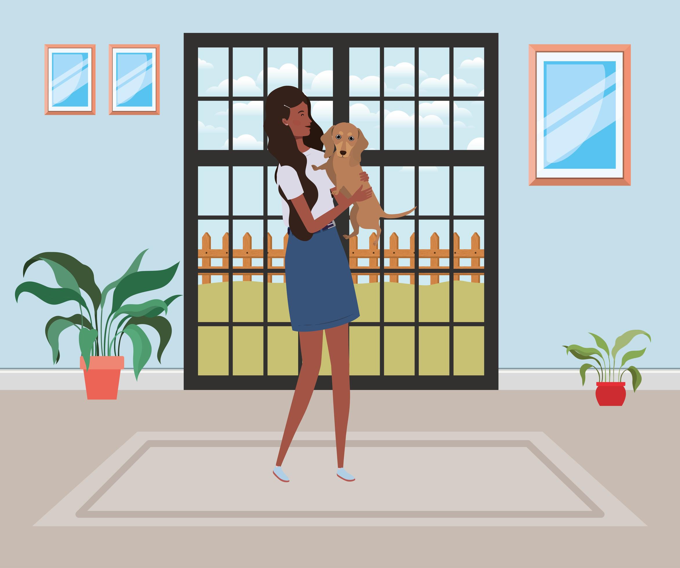 young afro woman with cute dog indoor of house vector