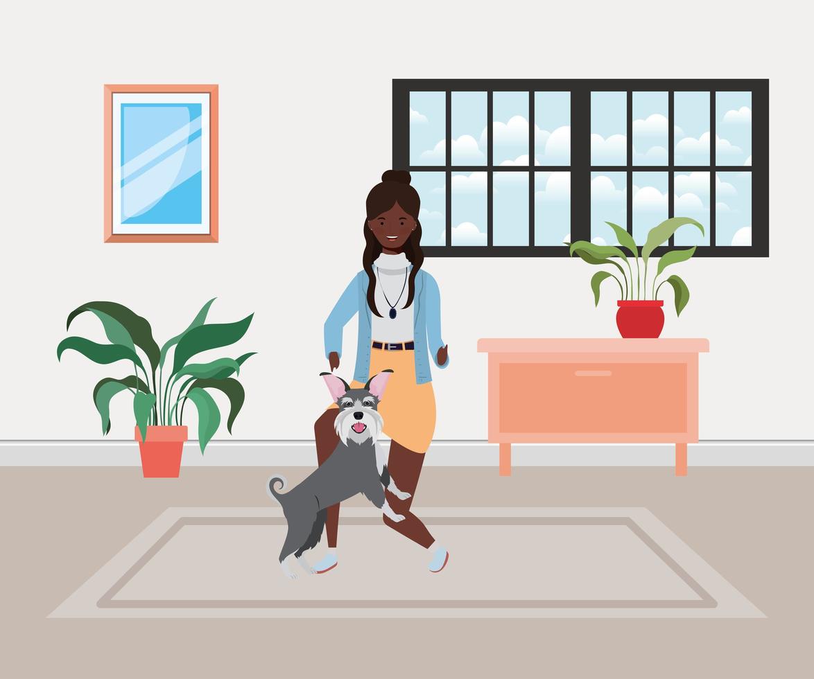 Joven mujer afro con lindo perro interior de casa vector