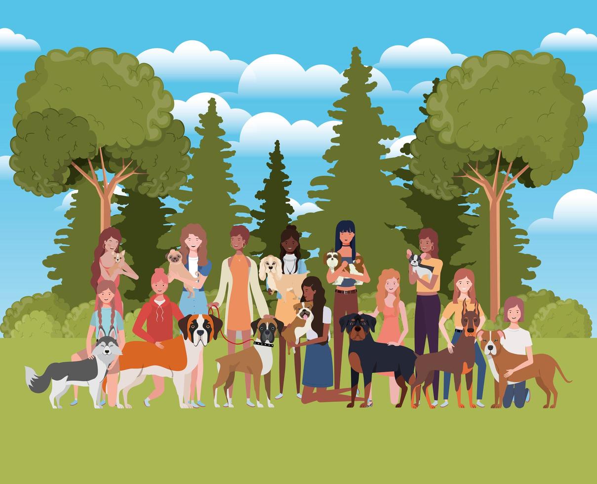 group of women with cute dogs in the field vector