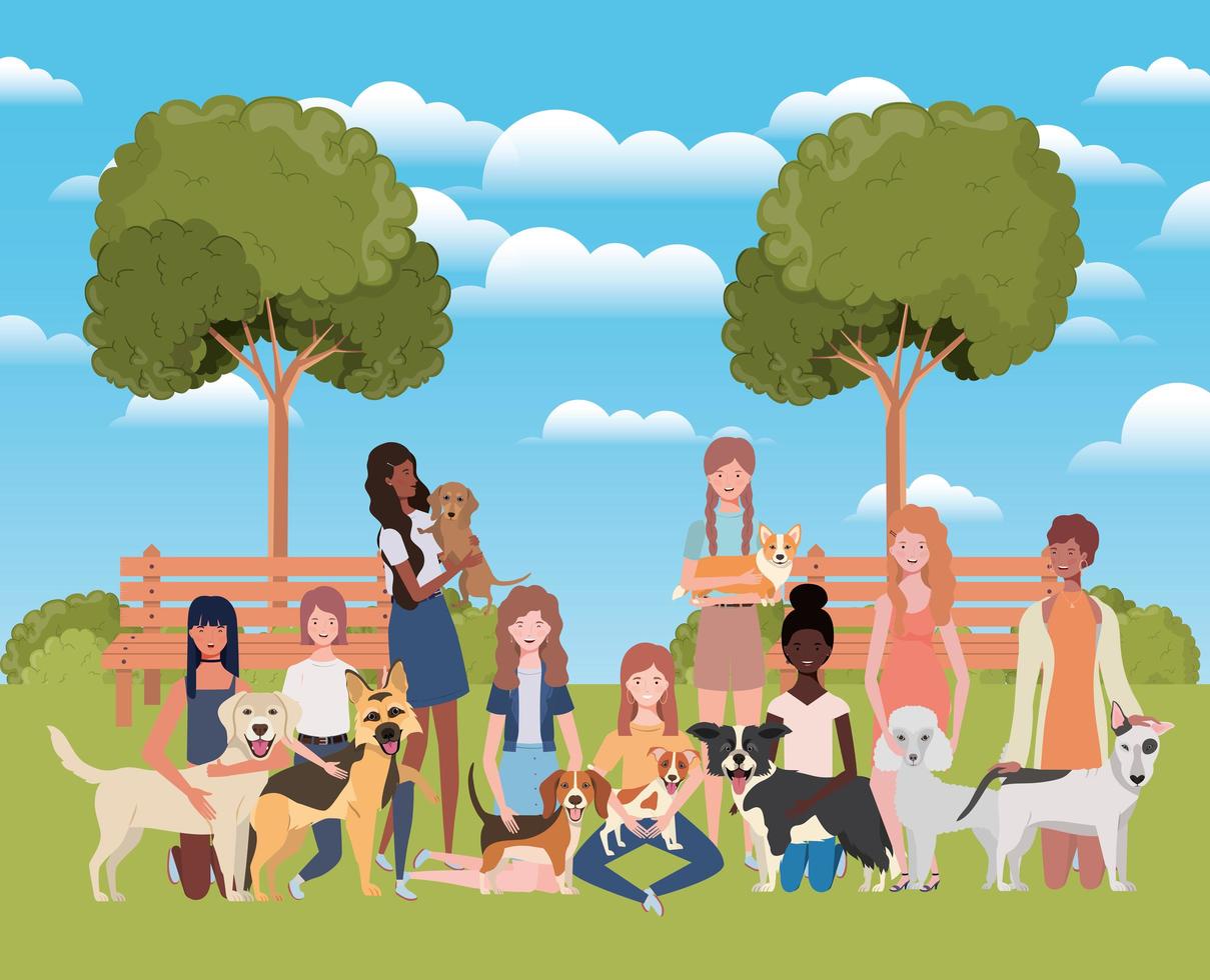 group of women with cute dogs in the park vector
