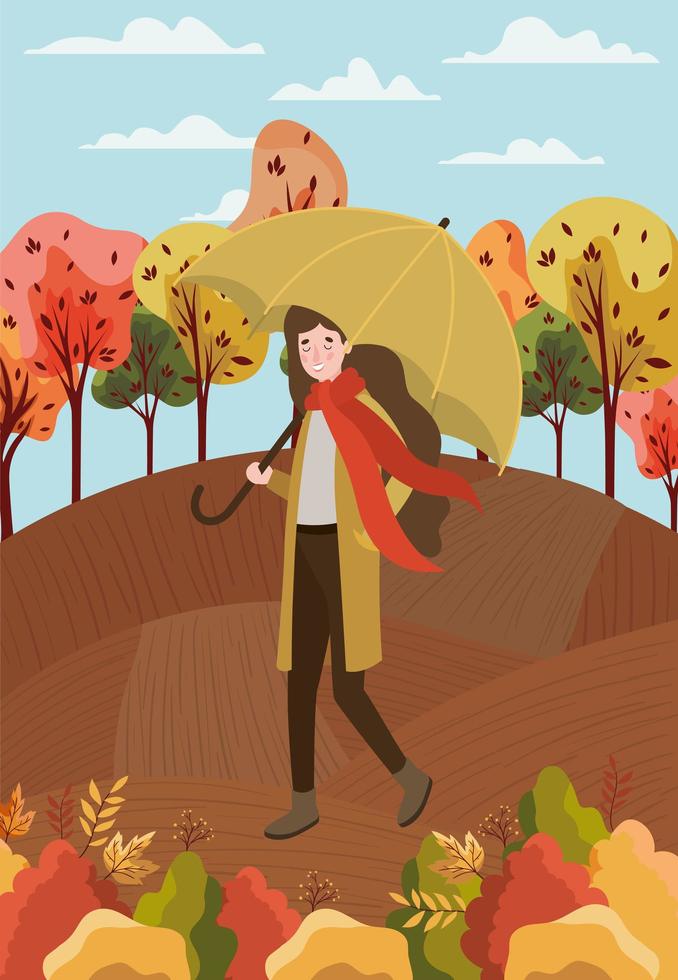 woman at the park with umbrella, autumn scene vector