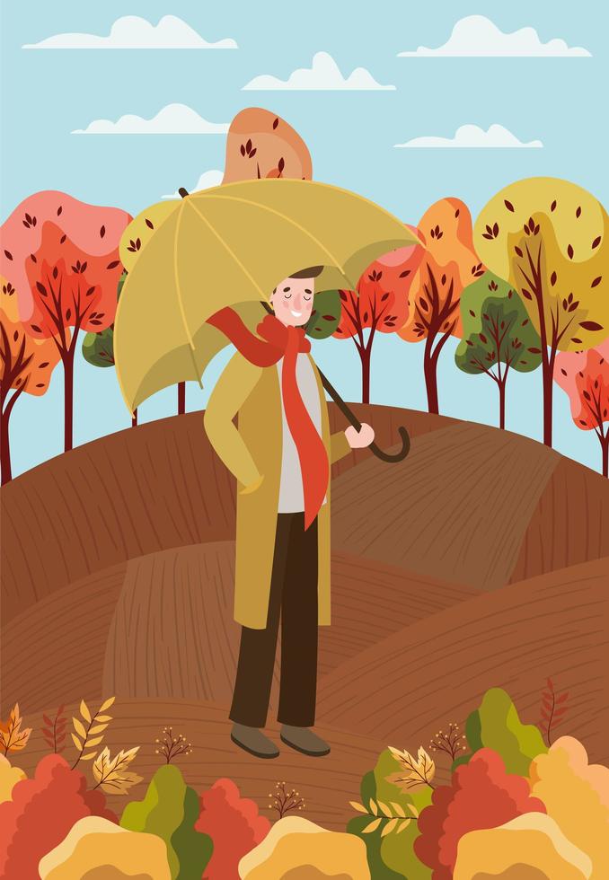 man at the park with umbrella, autumn scene vector