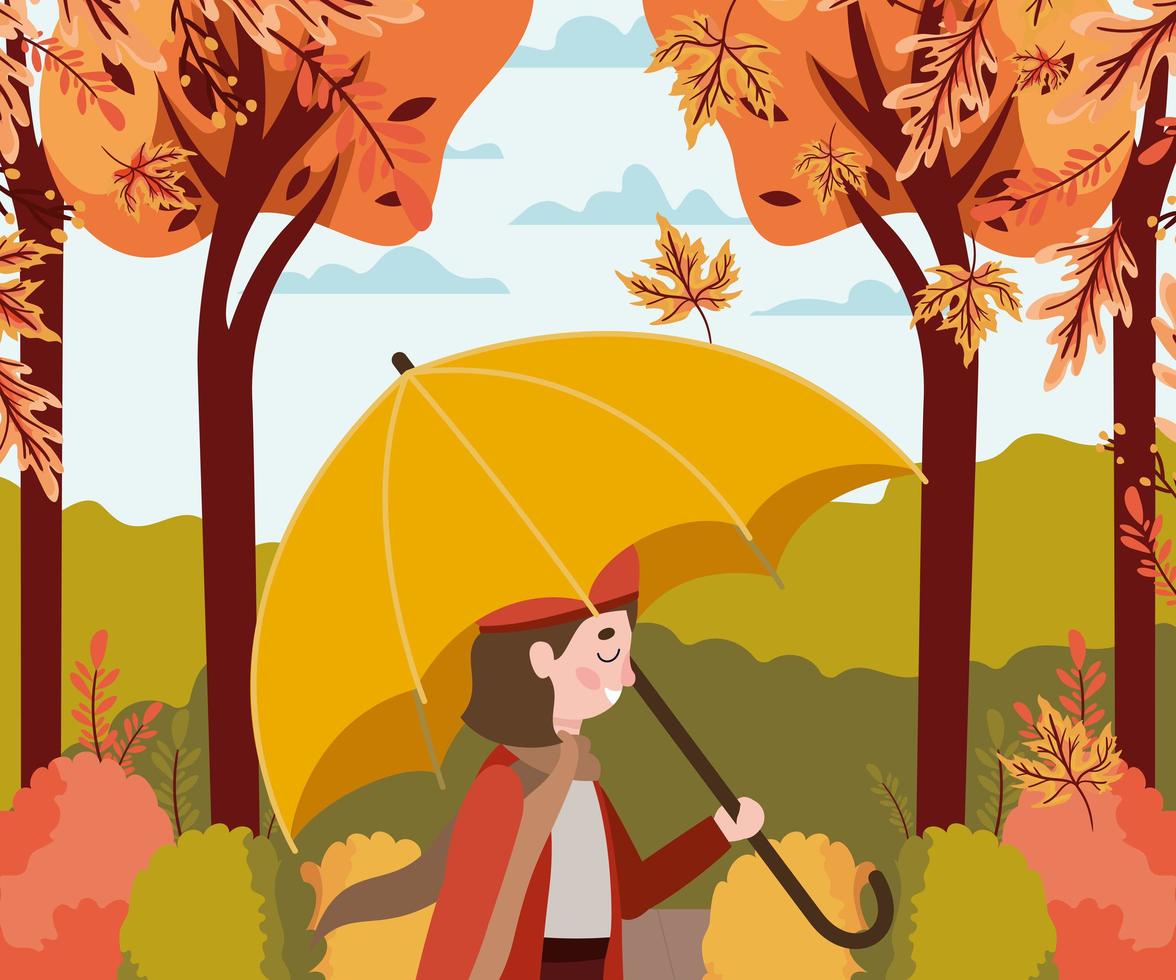 niña en el parque con paraguas, escena de otoño vector