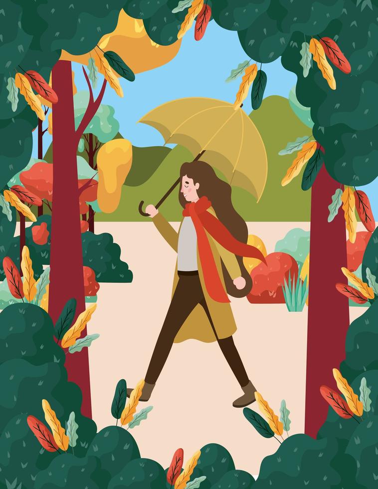 mujer en el parque con paraguas, escena de otoño vector