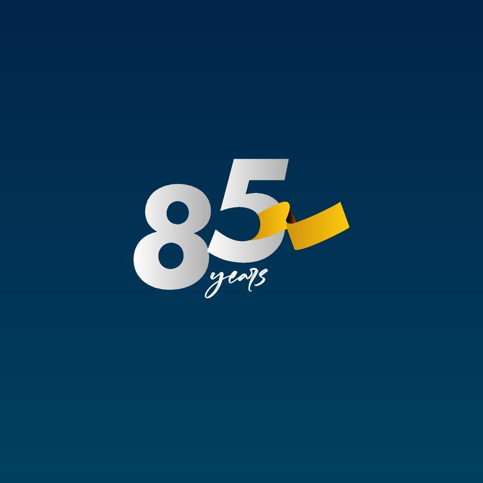 85 Years Anniversary Celebration White Blue and Yellow Ribbon Vector Template Design Illustration