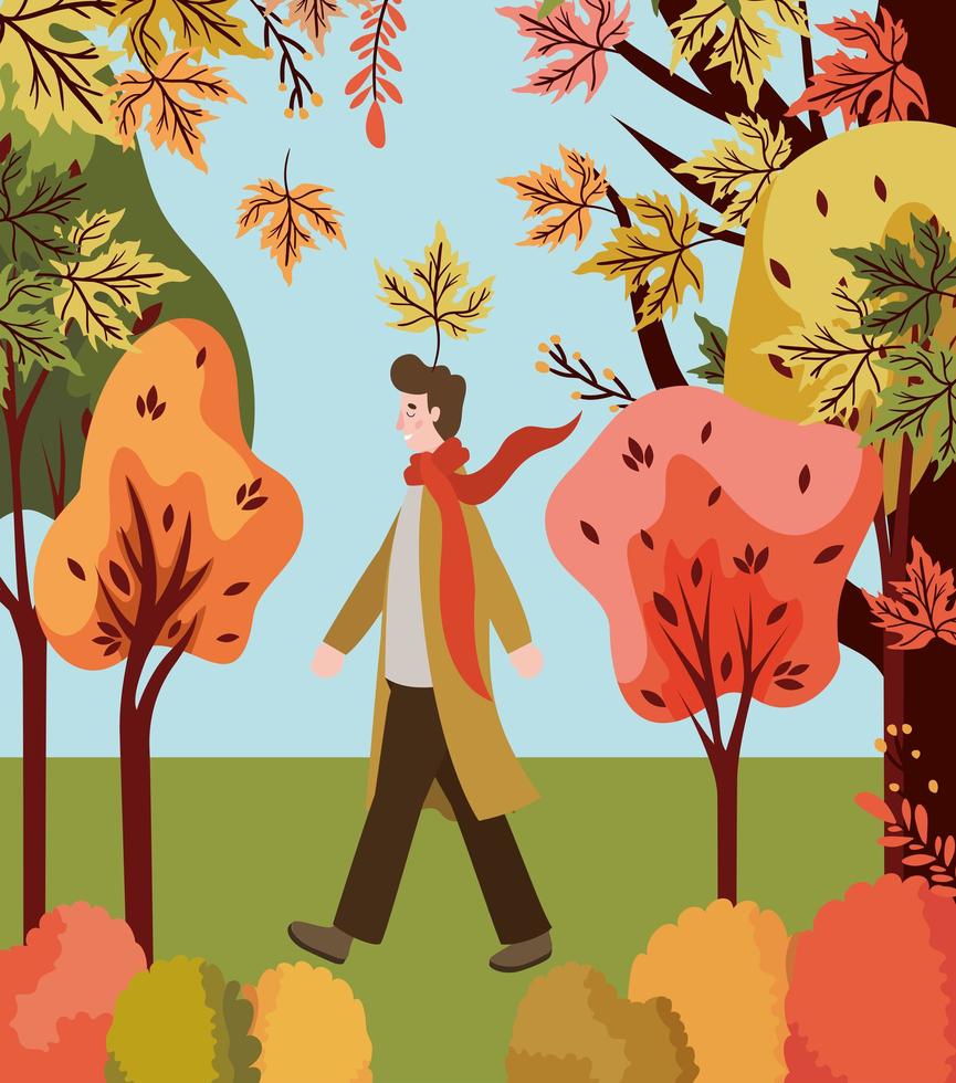 hombre caminando al aire libre, escena de otoño vector