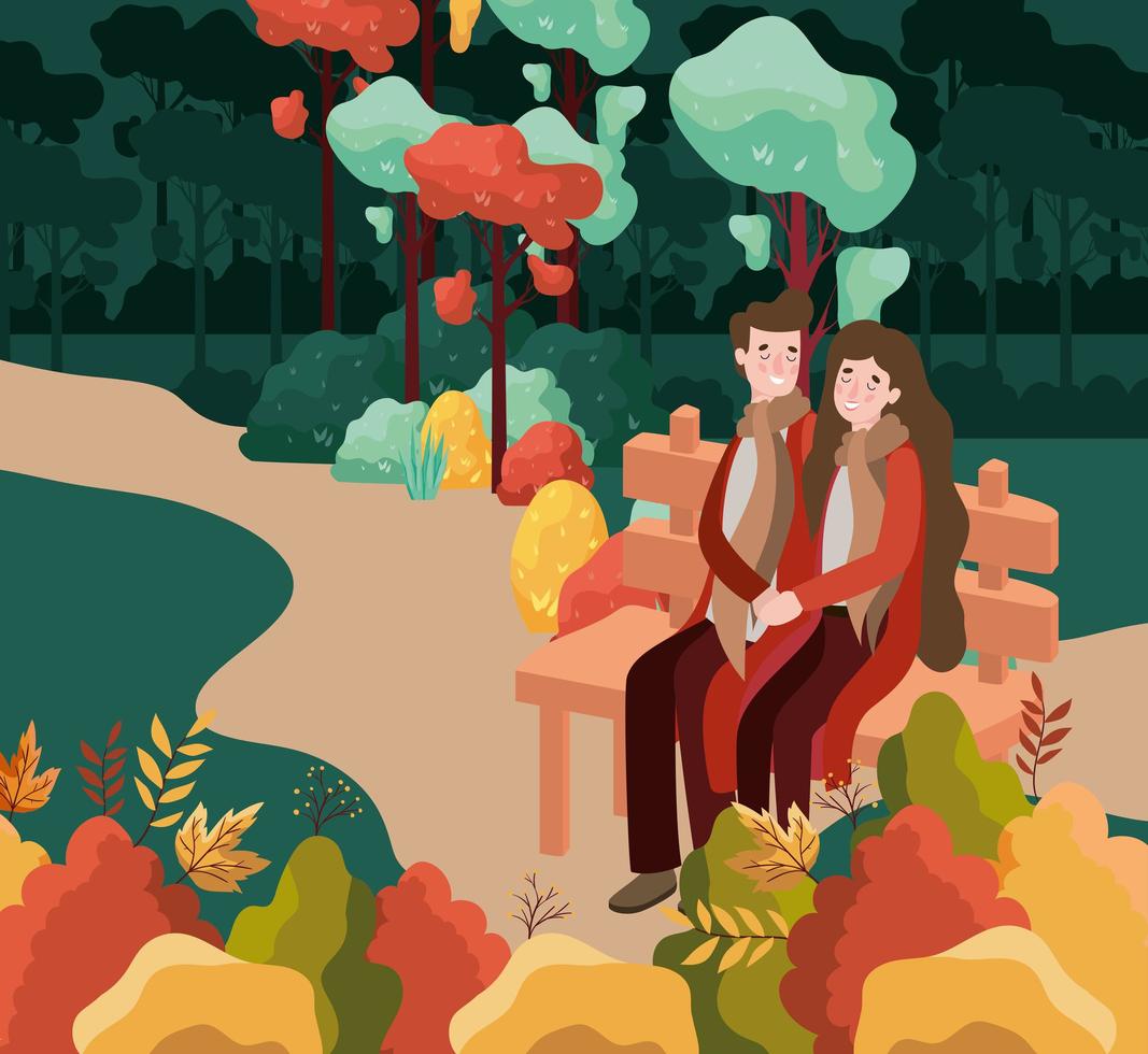 pareja en el parque, escena de otoño vector