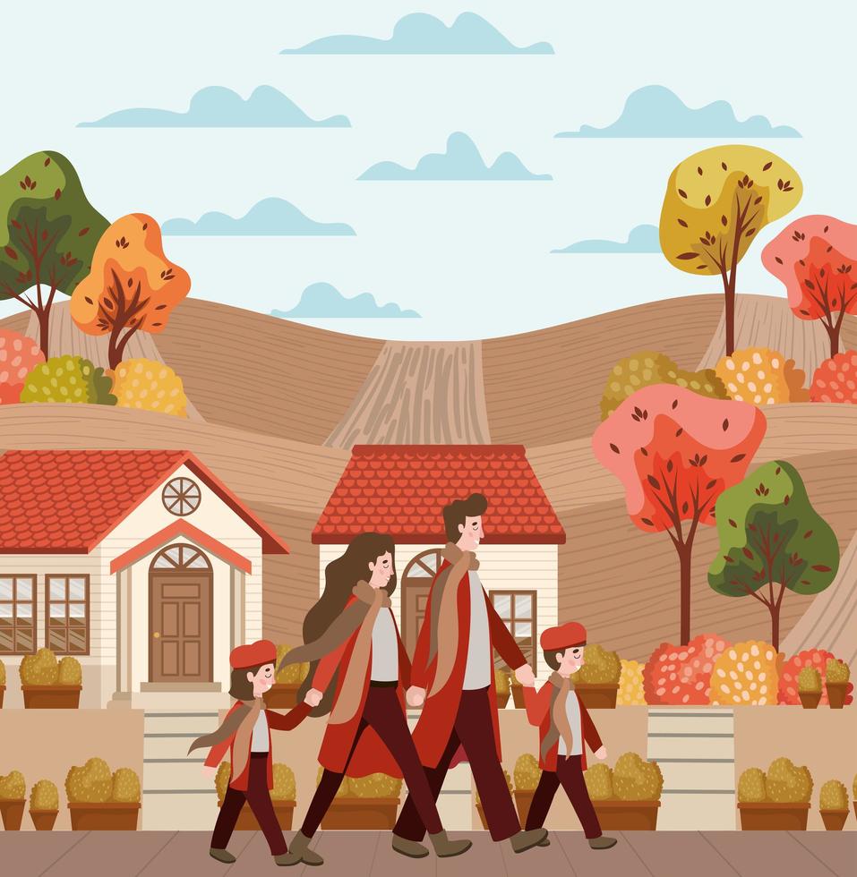 familia caminando, escena de otoño vector