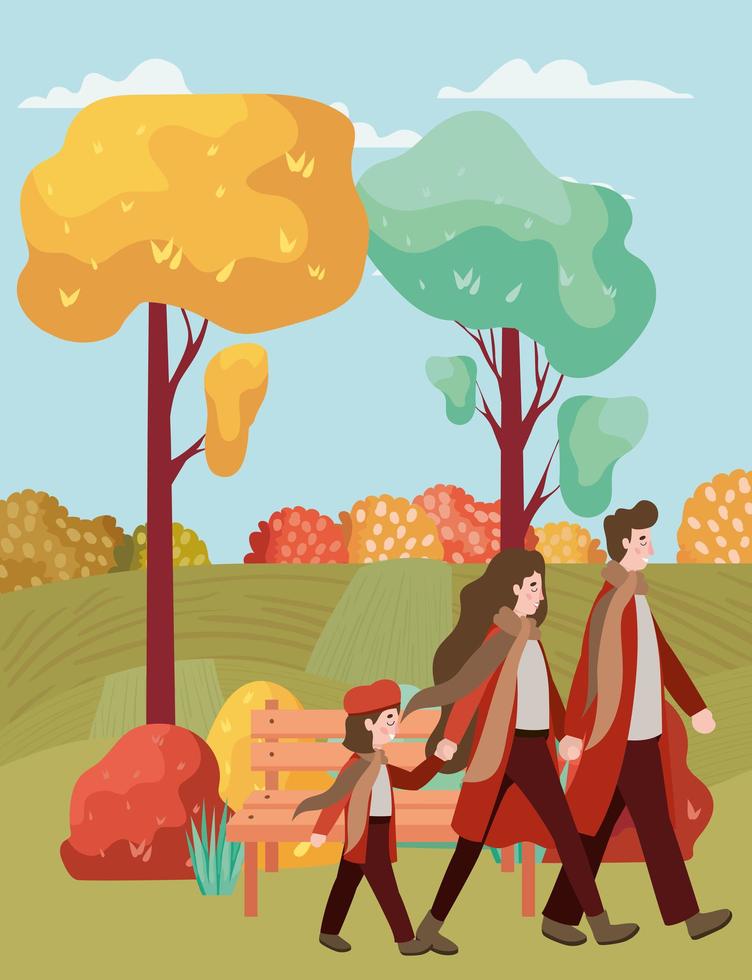 familia caminando al aire libre, escena de otoño vector