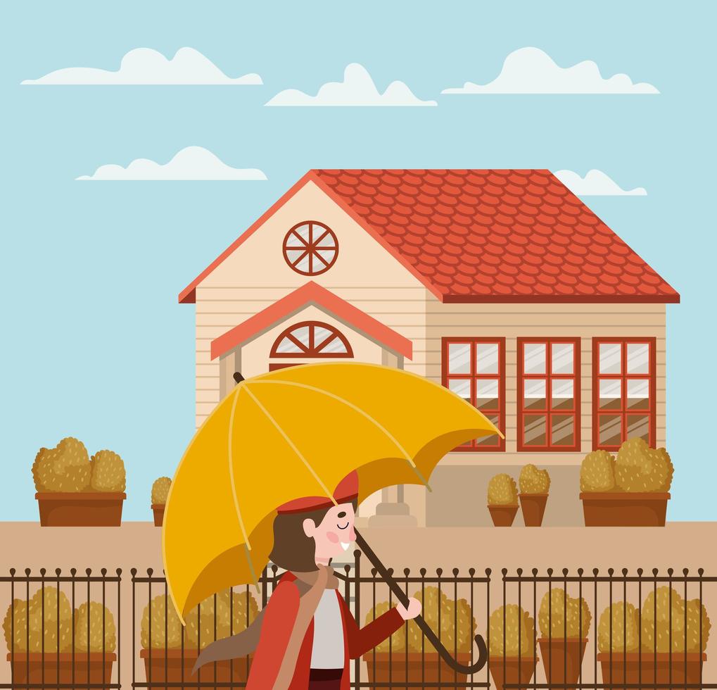 little girl at the park with umbrella, autumn scene vector