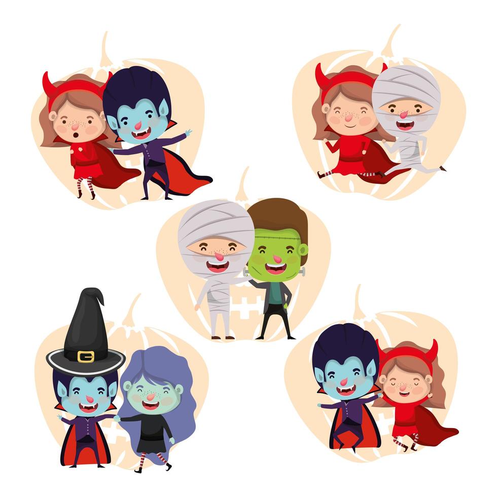 group of little kids in costumes for trick or treat vector