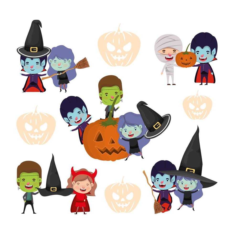 group of little kids in costumes for trick or treat vector