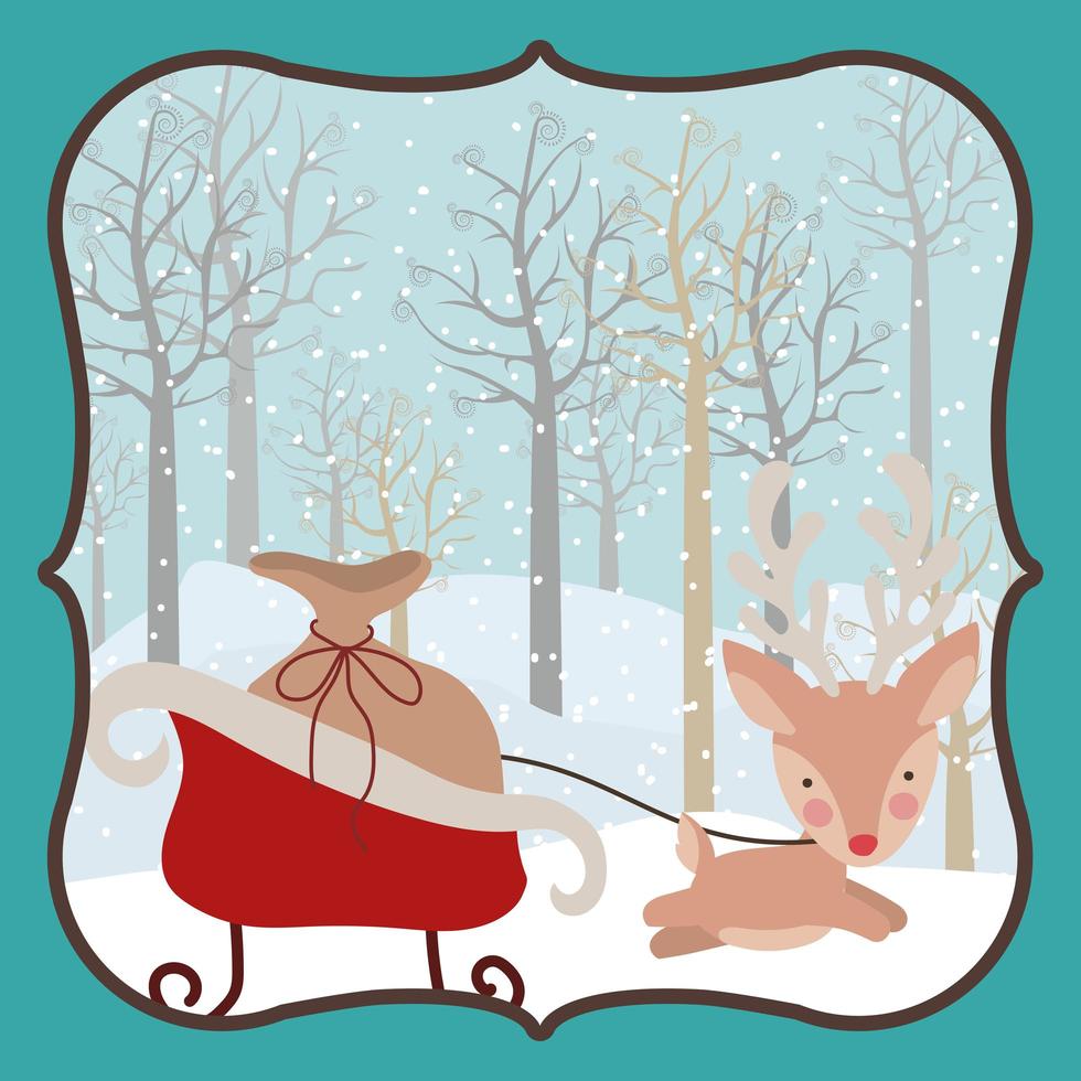 Merry Christmas card with reindeer and sled vector