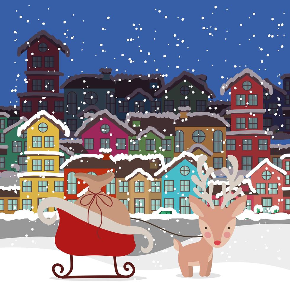 Merry Christmas card with reindeer and sled vector