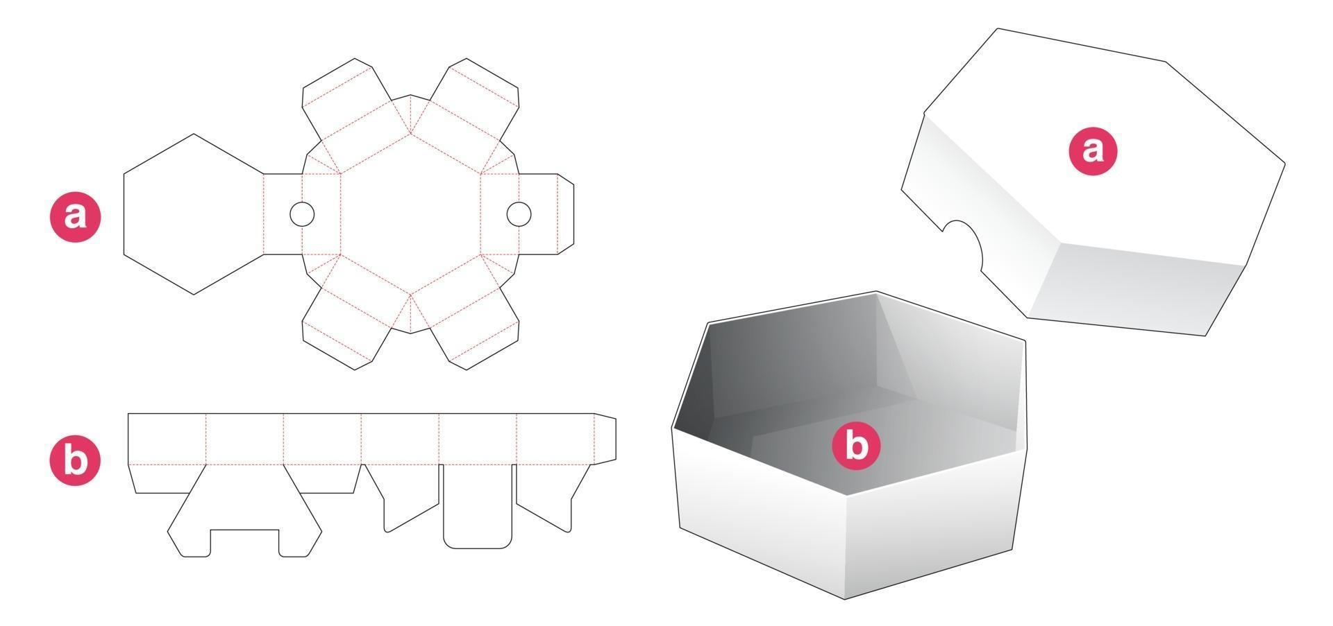 Short hexagonal shaped box and lid die cut template vector