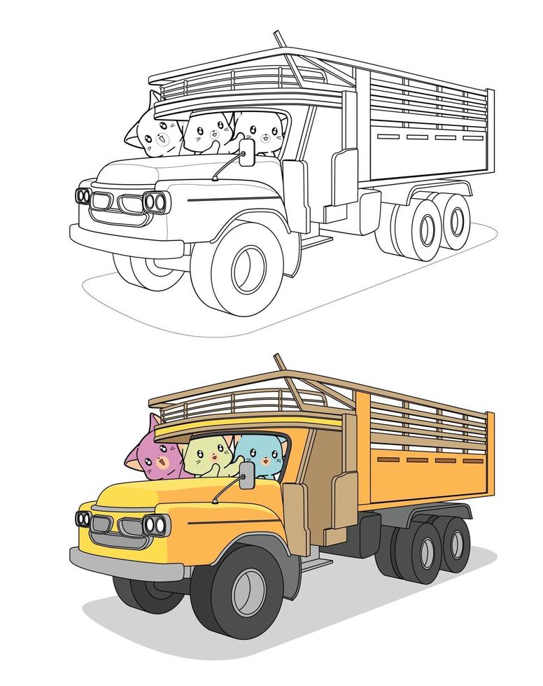 Kawaii cats in the truck, cartoon coloring page for kids vector