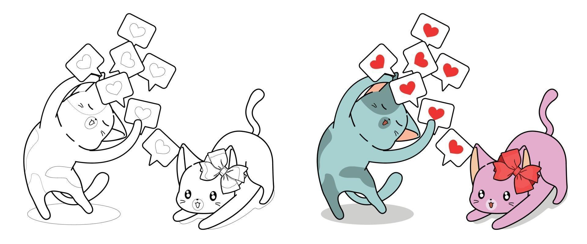 Cute cat is showing love cards to its girlfriend, coloring page for kids vector