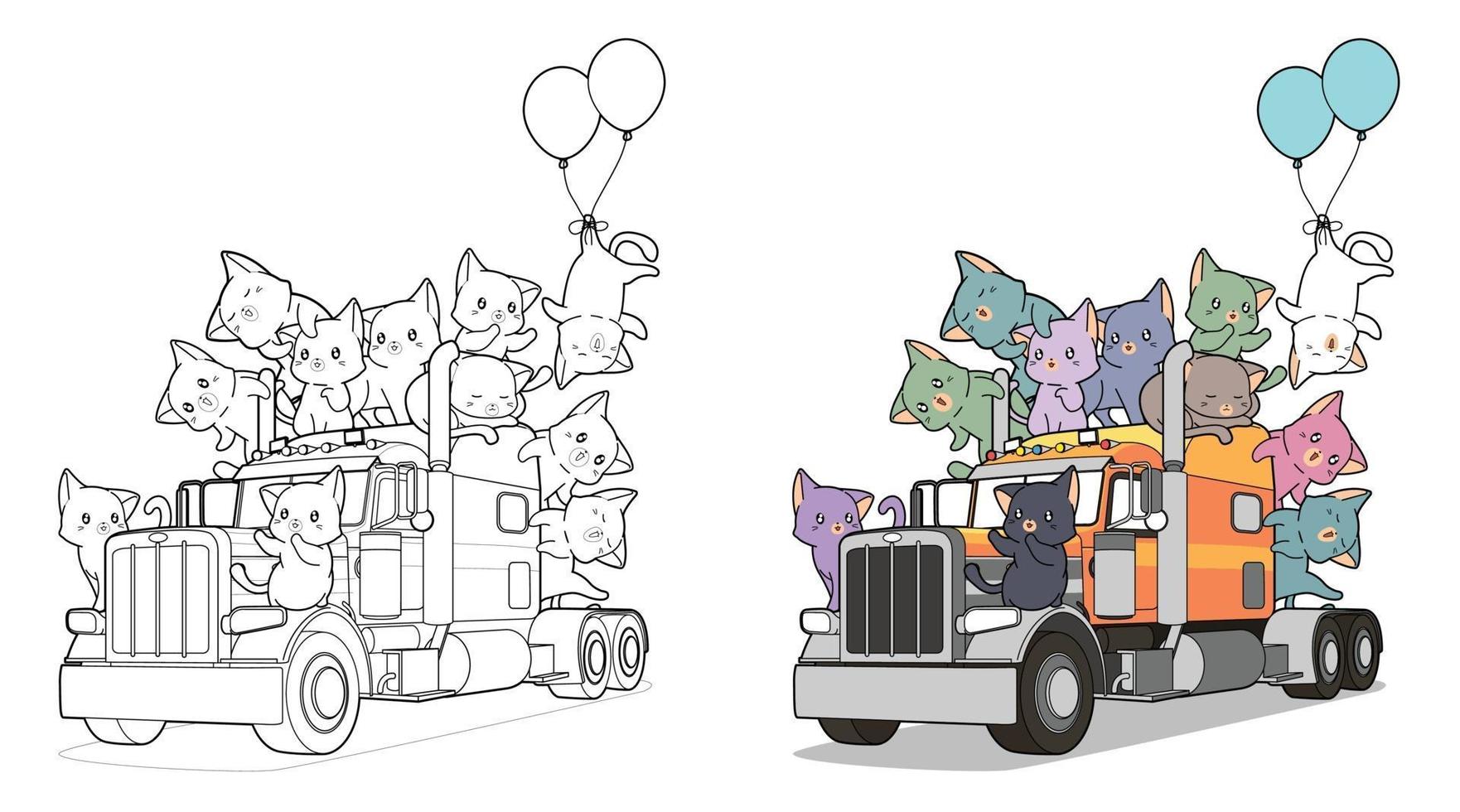 Cute cats on the truck, coloring page for kids vector