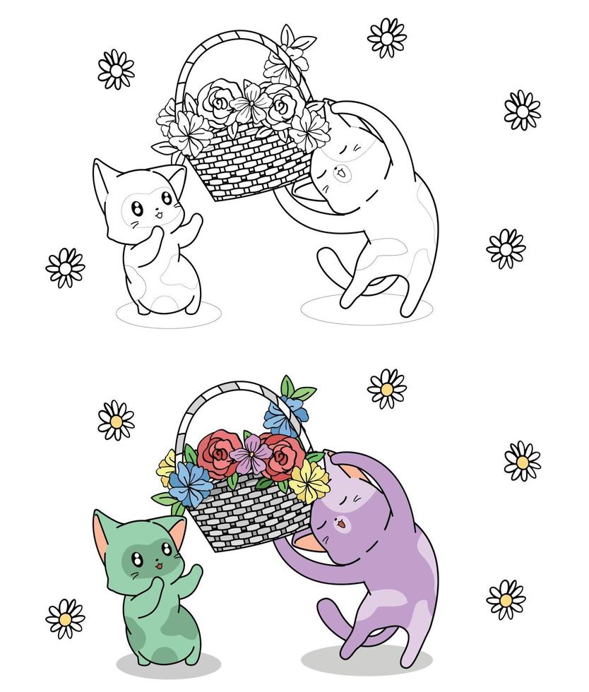 Lindos personajes de gatos con canasta de flores, página para colorear de dibujos animados para niños vector