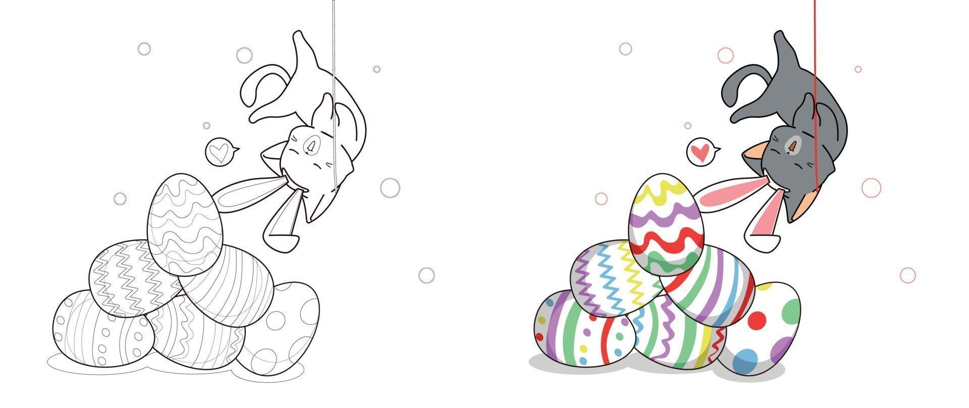 conejito gato está cayendo sobre huevos, página para colorear para niños vector