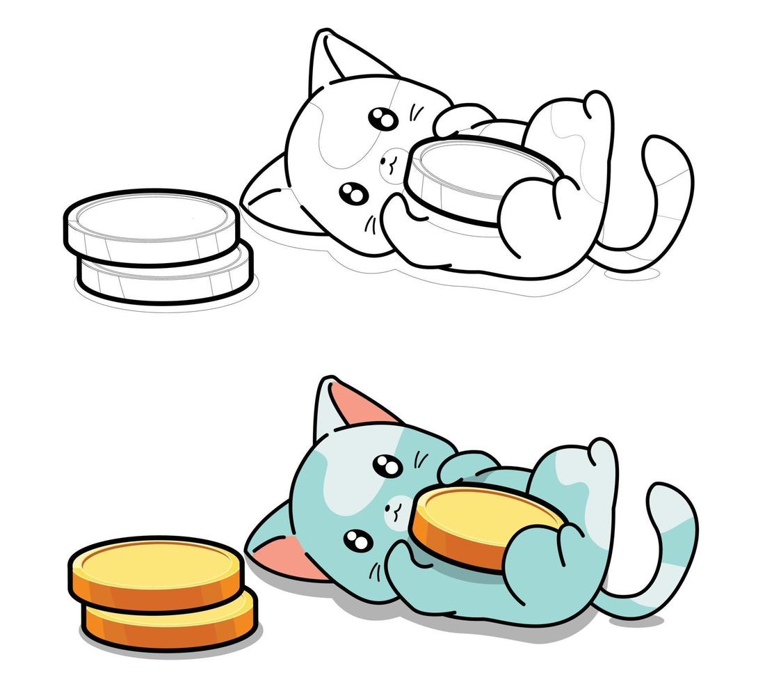 Cute cat loves coins coloring page for kids vector