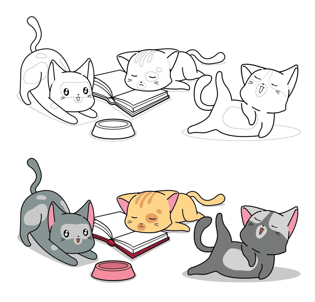 Página para colorear de dibujos animados de tres personajes de gato para  niños 2110946 Vector en Vecteezy