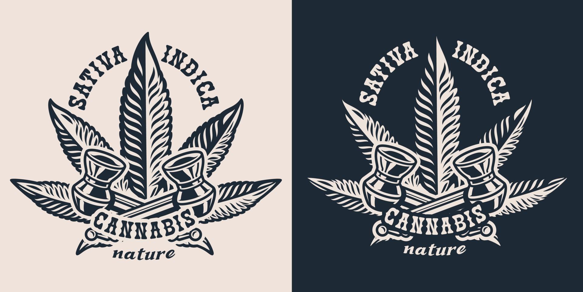 Set vector illustrations with a smoking pipe and hemp leaf