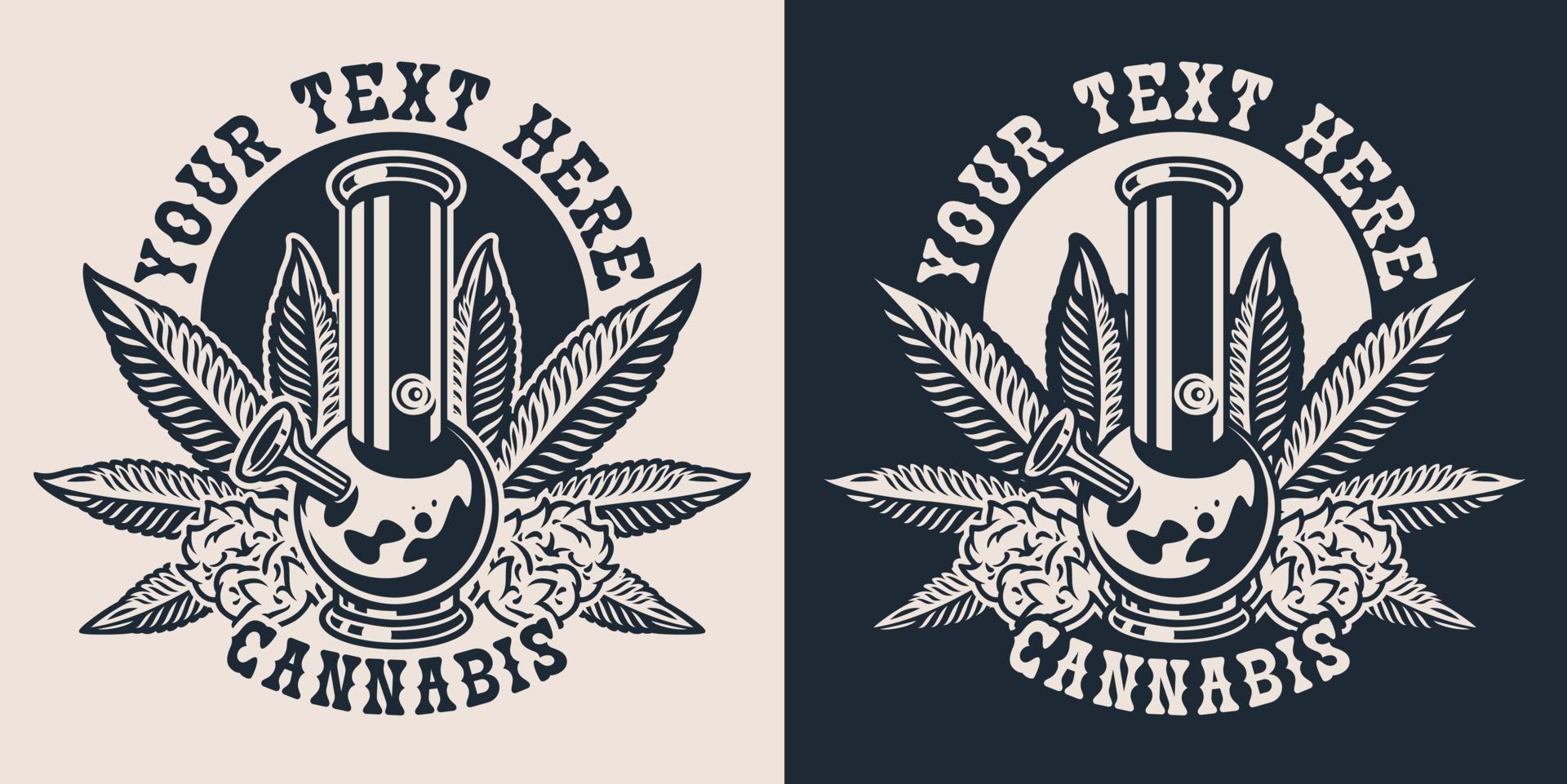 Set vector illustrations with a hemp leaf, seed hemp, bong