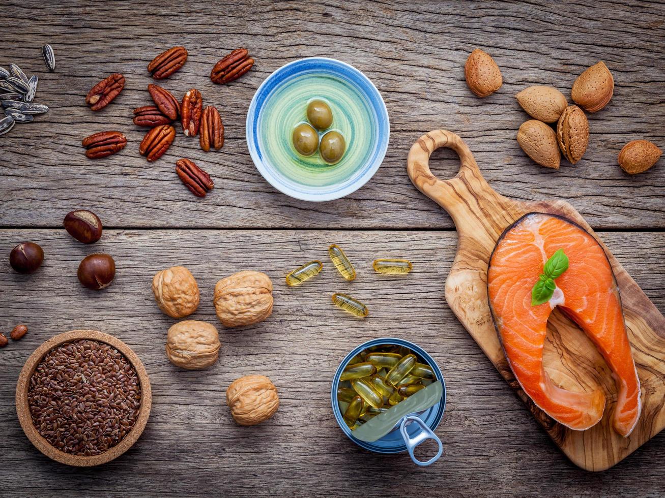 Top view of super foods on wood photo