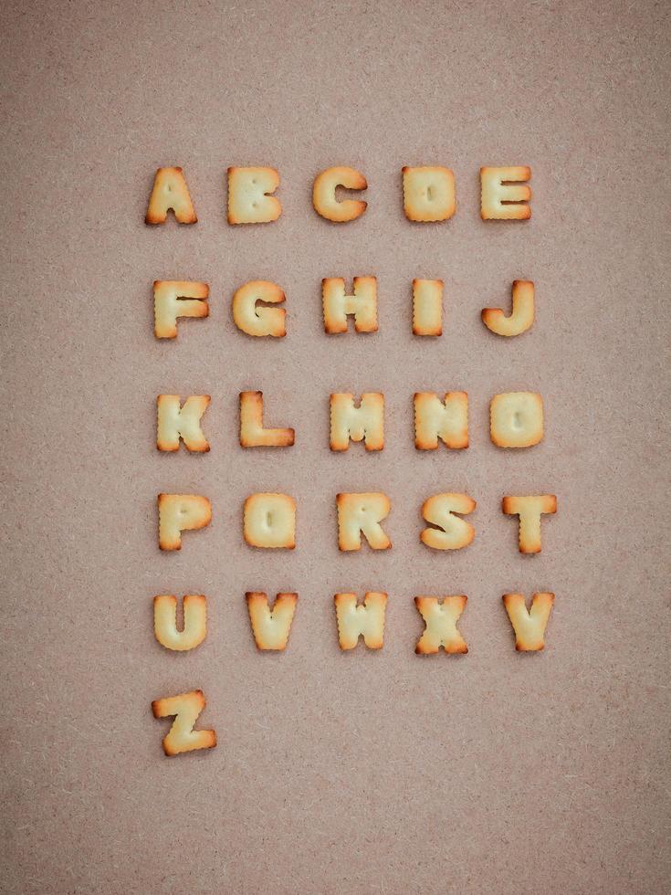 Alphabet cookies on a brown background photo