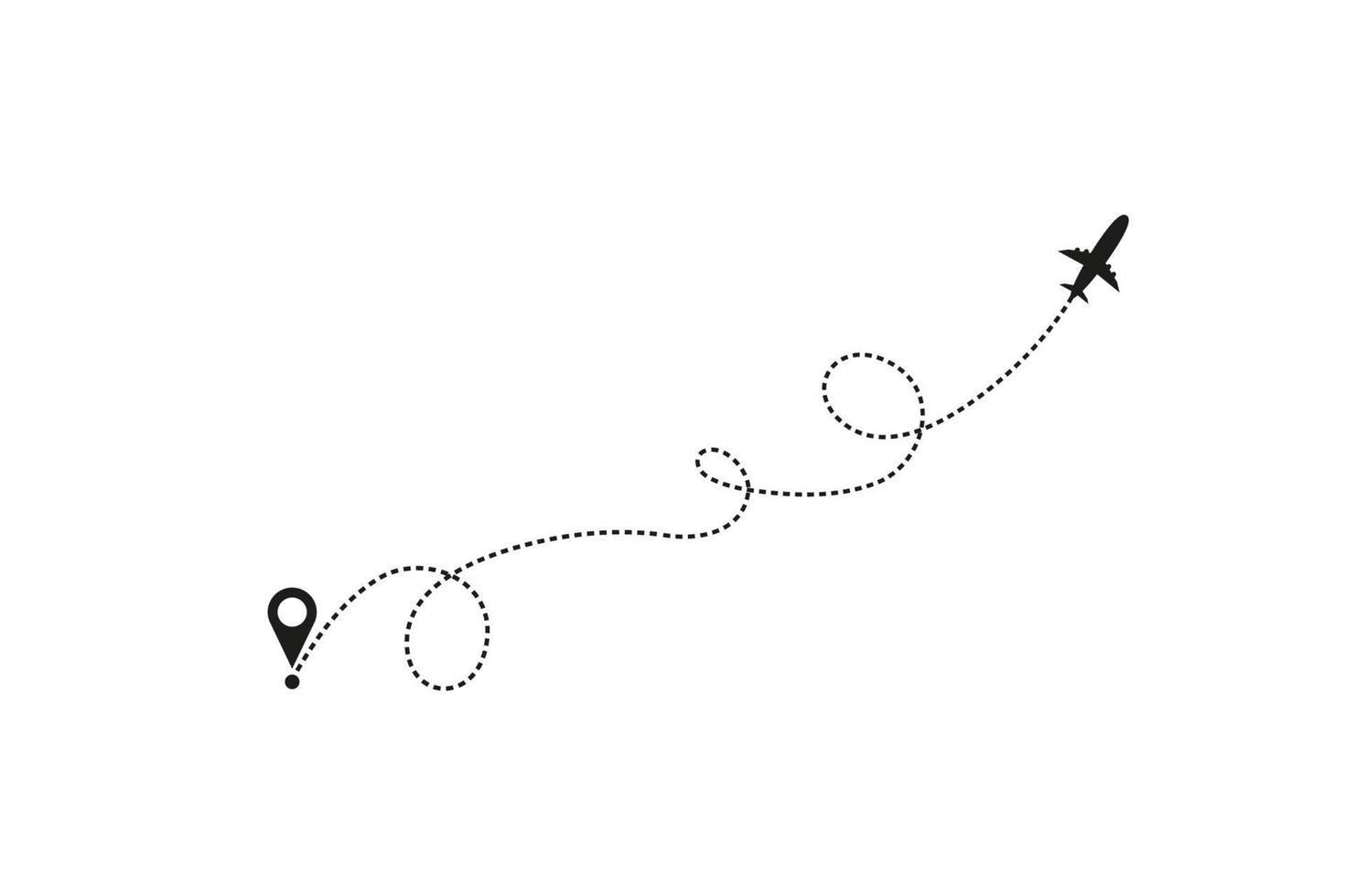 Tourism and travel concept. Airplane line path on white background. Vector icon of air plane flight route with dash line trace, start point and transfer point. Vector illustration