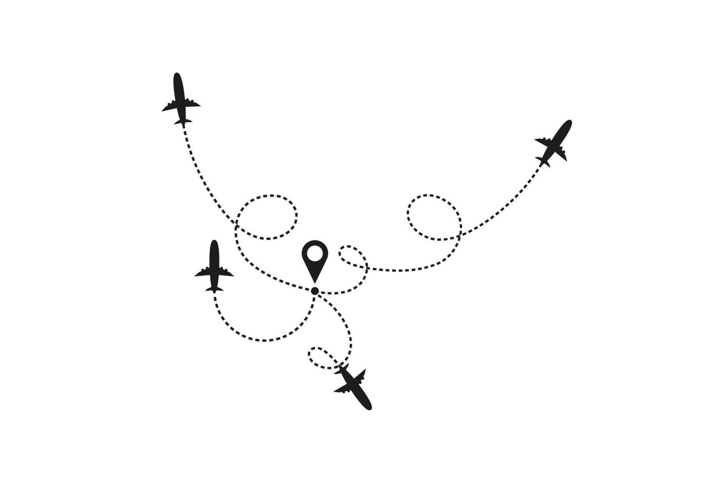 Tourism and travel concept. Airplane line path on white background. Vector icon of air plane flight route with dash line trace, start point and transfer point. Vector illustration