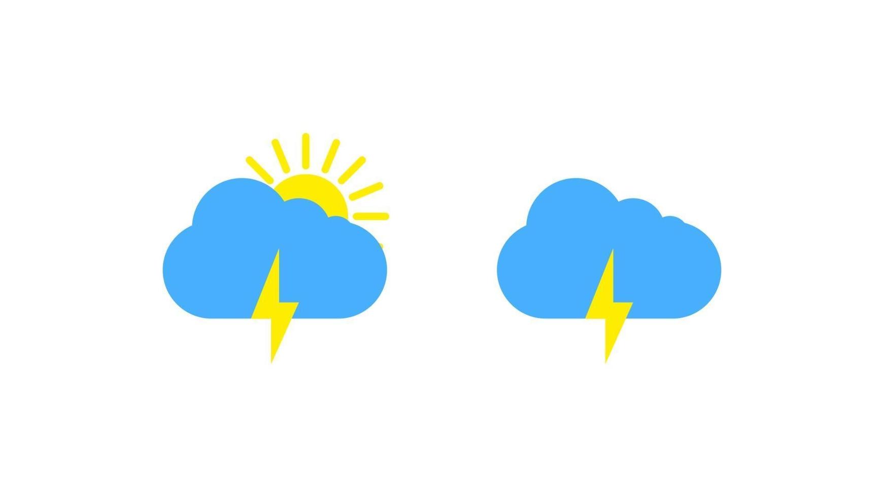 Sunny weather sign icon on white background. Yellow sun and cloud and lightning illustration vector