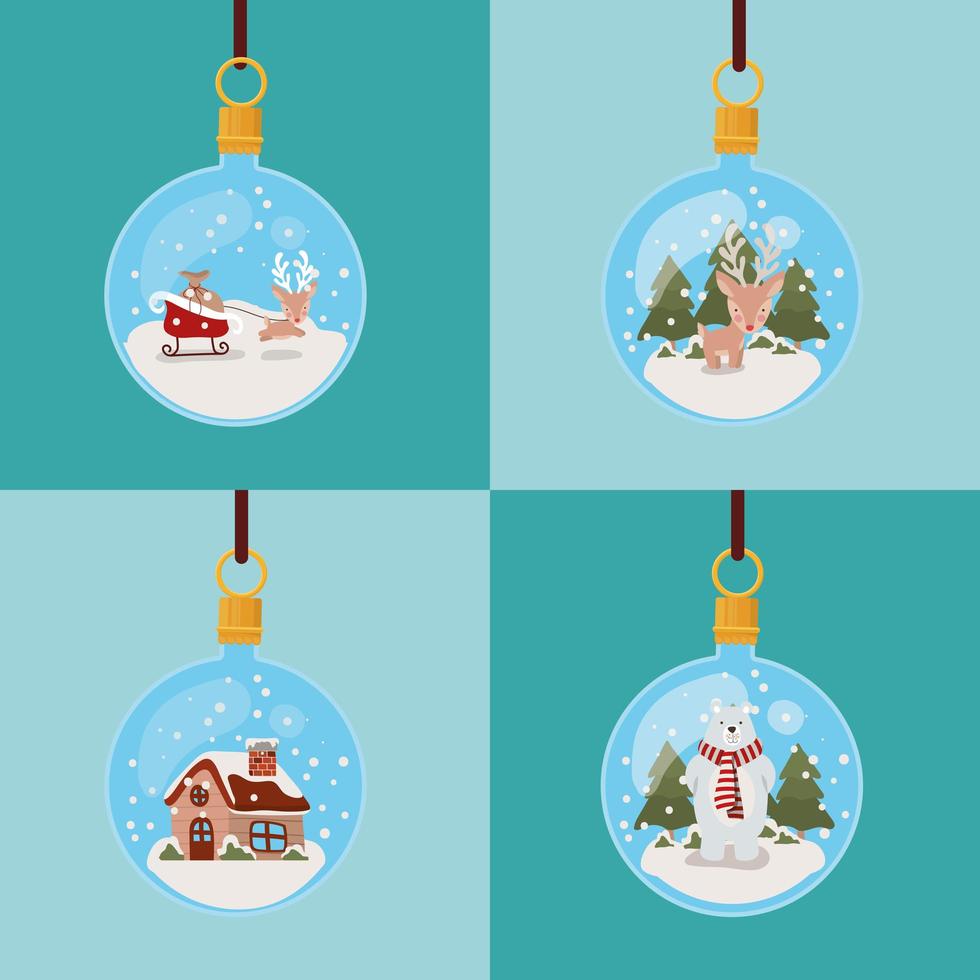 Merry Christmas card with ornaments hanging vector