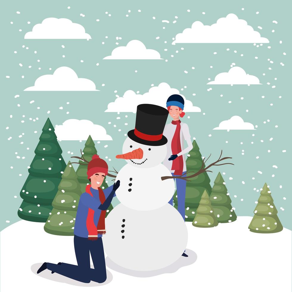 couple celebrating Christmas with snowman vector
