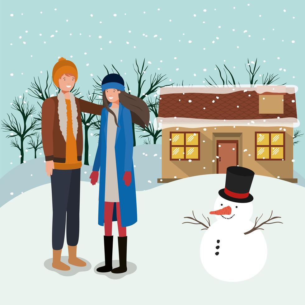 couple celebrating Christmas with snowman vector