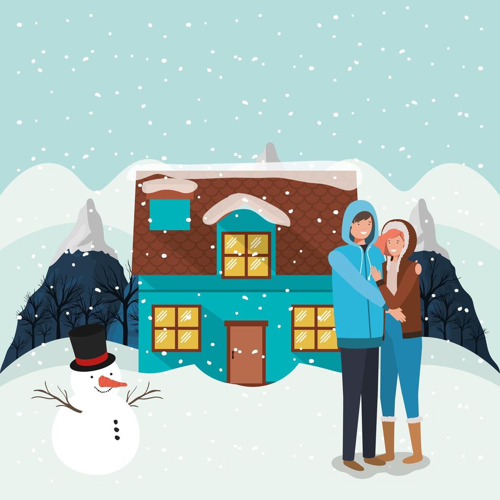 pareja celebrando la navidad con muñeco de nieve vector