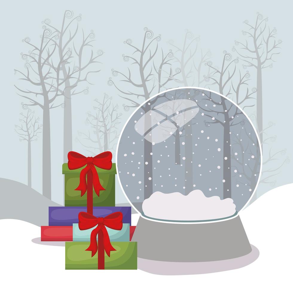 Merry Christmas card with gifts and crystal ball vector