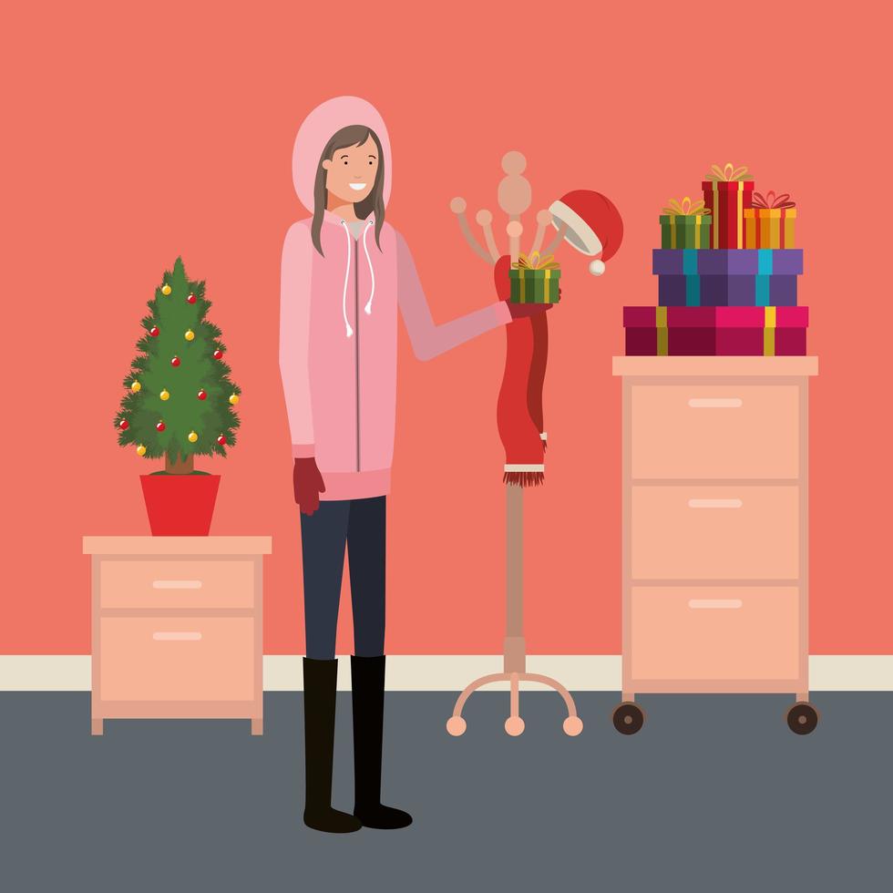 youn girl with christmas tree vector
