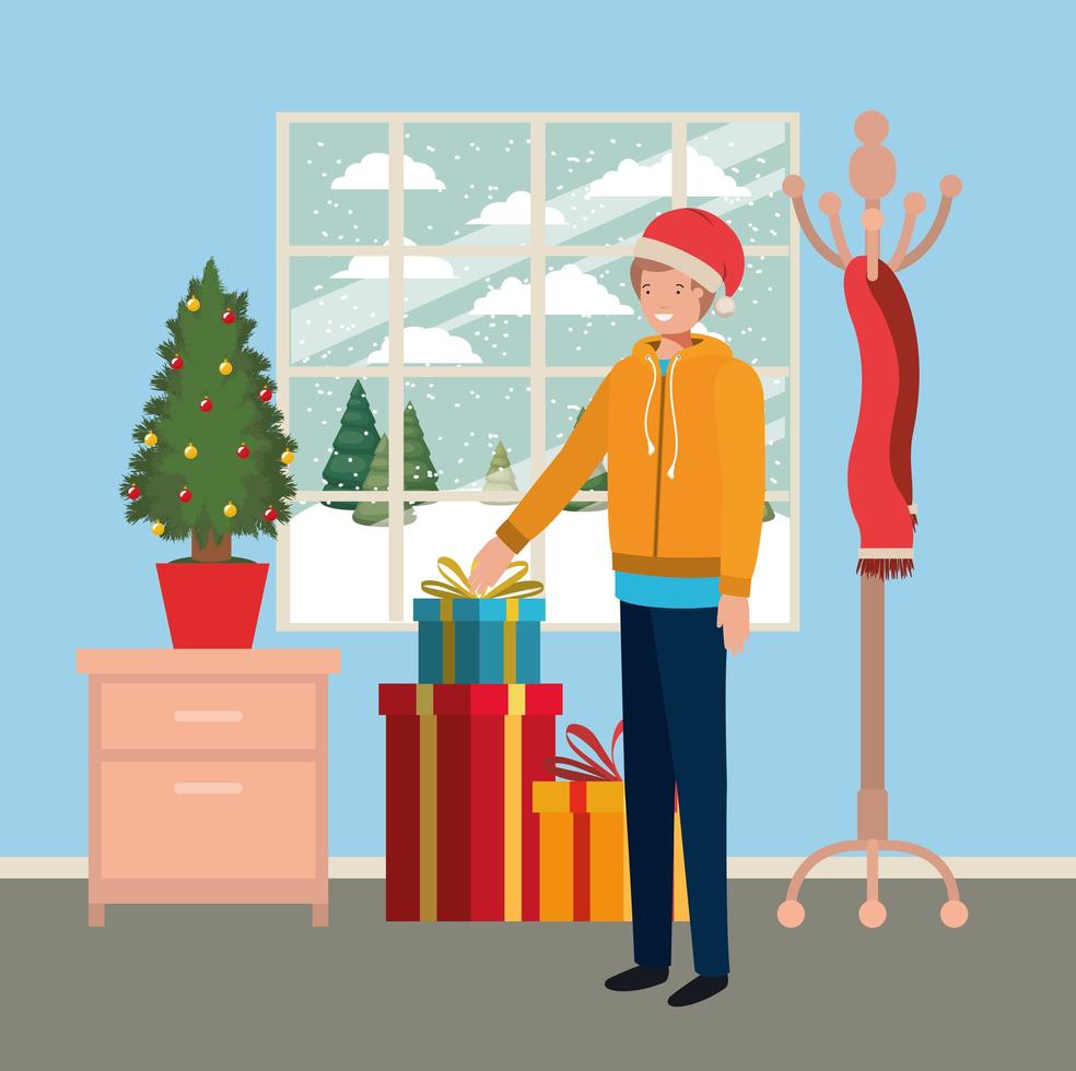 young boy with pine tree and christmas gifts vector