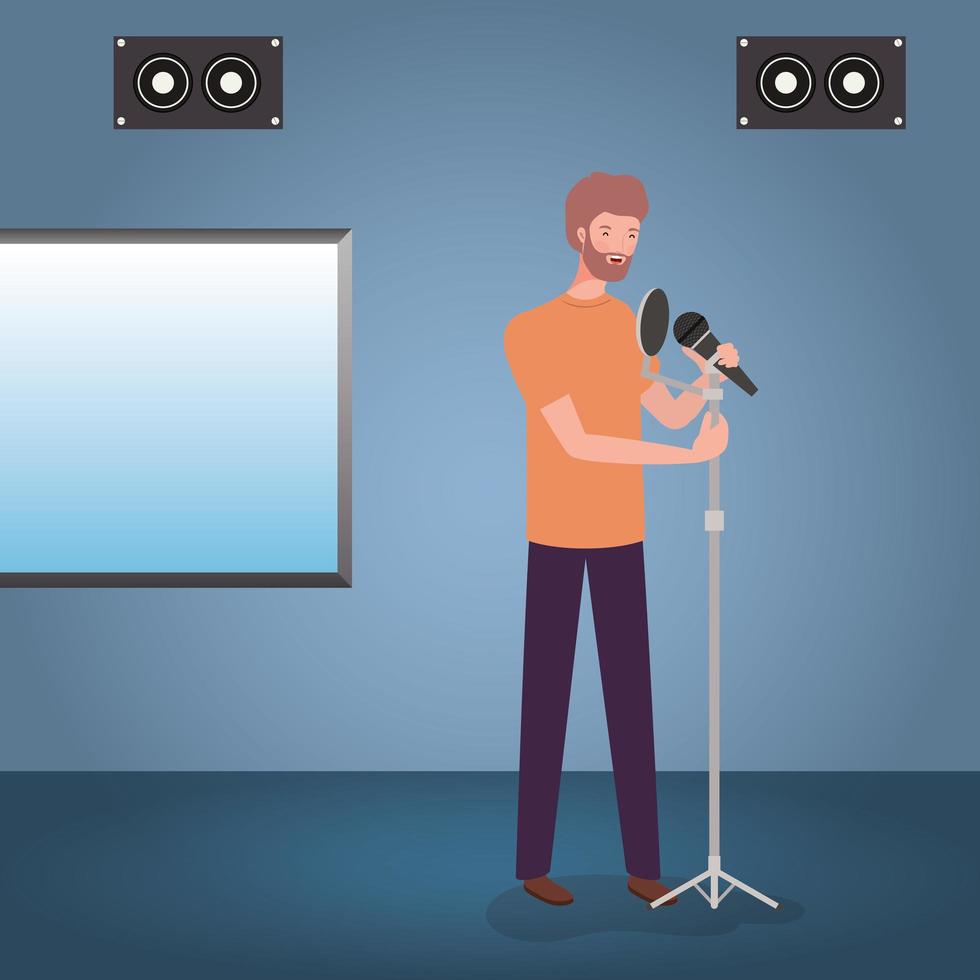 man singing with microphone in recording studio vector