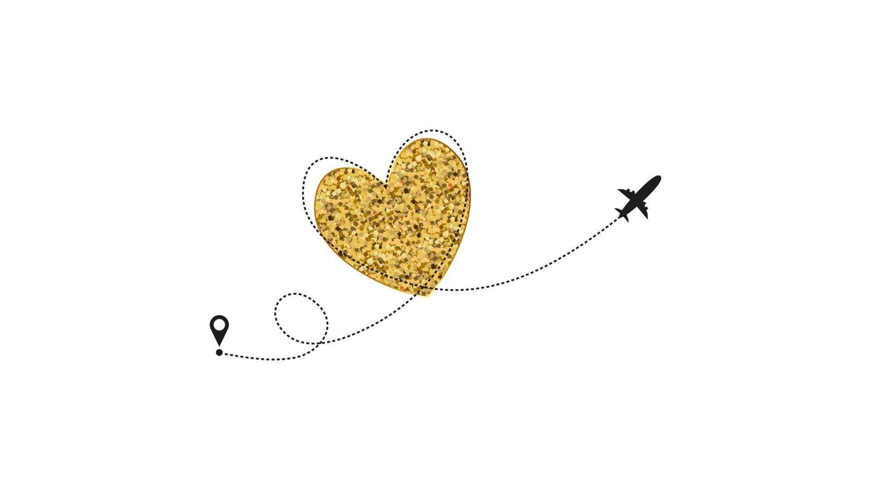 Love airplane route. Golden Heart dashed line trace and plane routes isolated on white background. Romantic wedding travel, Honeymoon trip. Hearted plane path drawing. vector